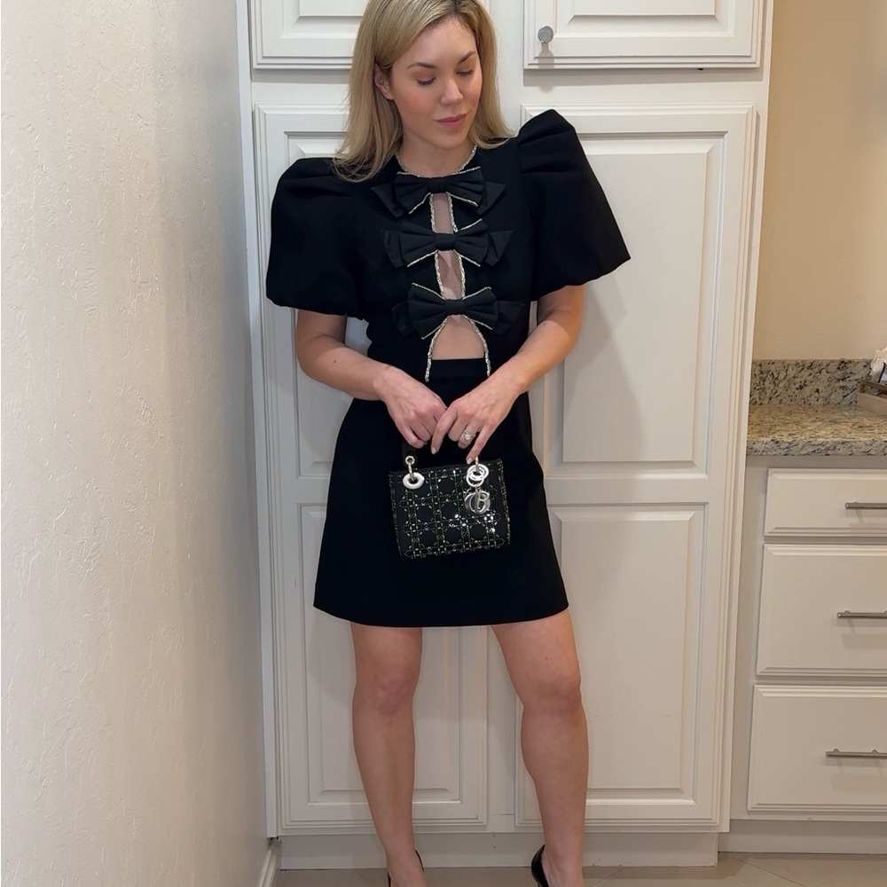 Rebecca Vallance Black Mini Dress with Bow Front and Puff Sleeves